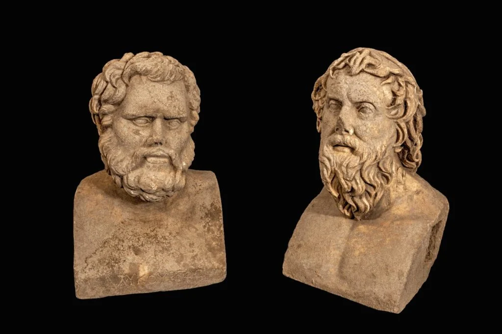 The ancient statues discovered in Binyamina. Researchers believe they once stood atop columns that decorated a public building or elite residence. Credit: Assaf Peretz/Israel Antiquities Authority