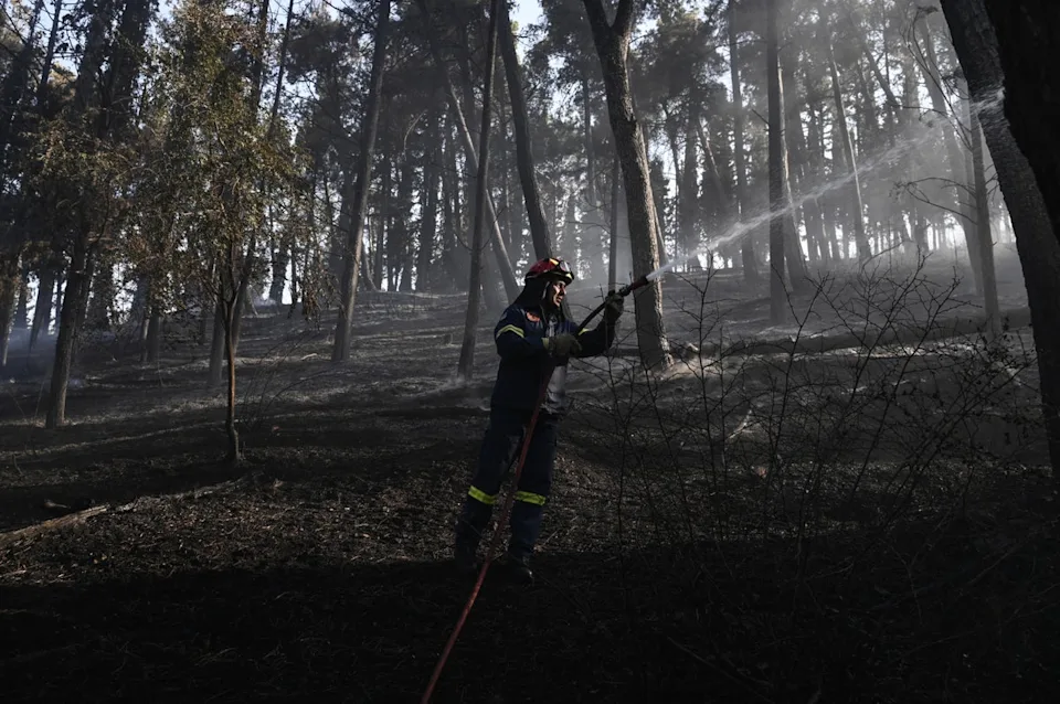 A firefighter near the blaze north of Thessaloniki on June 30, 2026. (AFP/Getty)