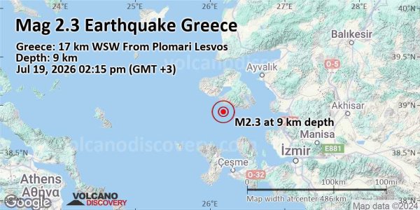 Zayıf 2.3 Büyüklüğünde Deprem - Midilli'nin 38 km Güneybatısı, Lesbos, Kuzey Ege, Yunanistan - 19 Temmuz 2026 Pazar, 14:15 (GMT+3)