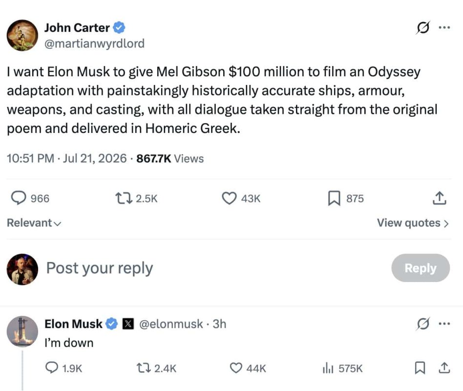 Elon Musk, Homeros'un Odysseia'sını Yapay Zekayla Filme Çekeceğini Duyurdu