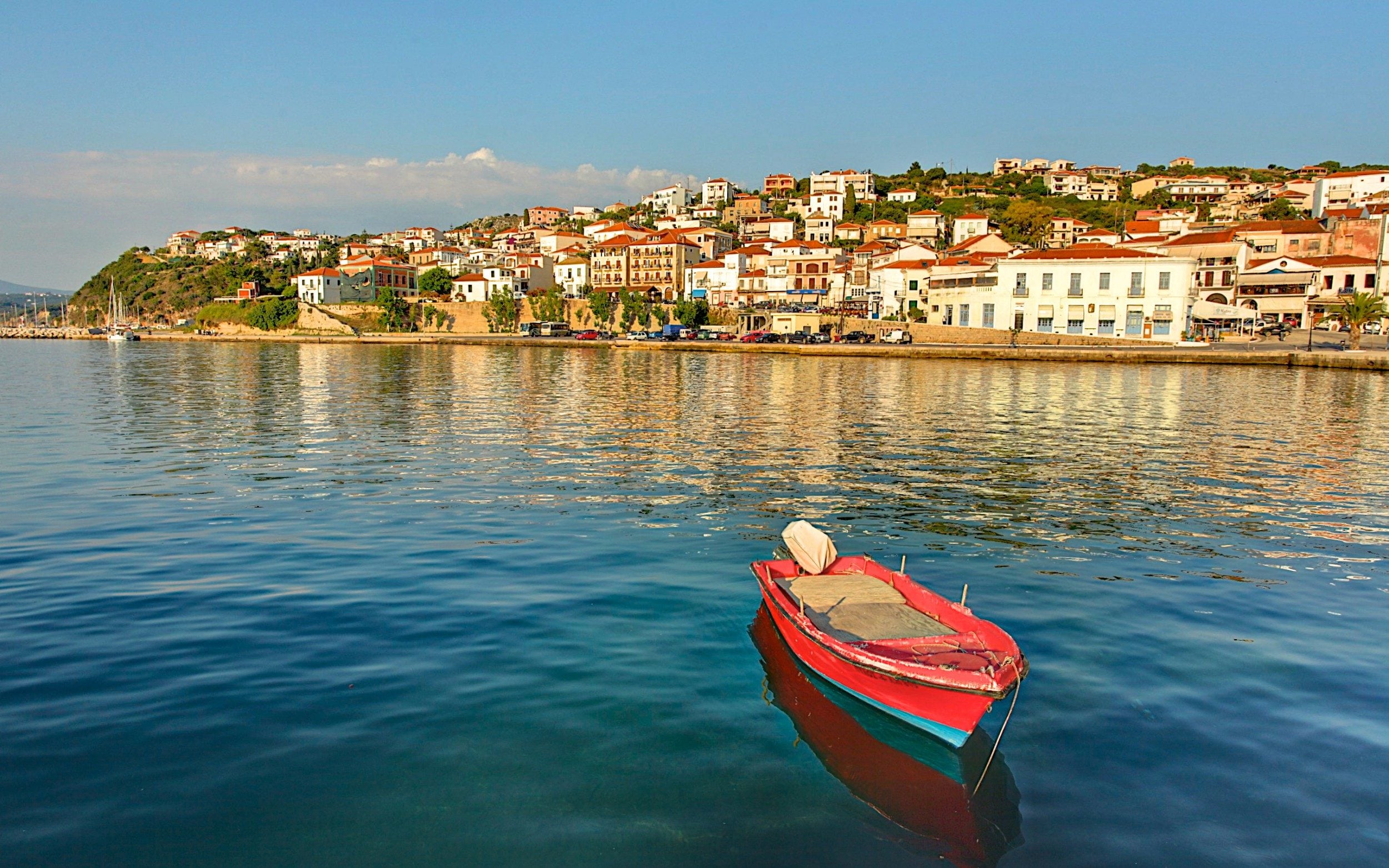Yunanistan, Mora Yarımadası, Messinia, Pylos limanı gün batımında