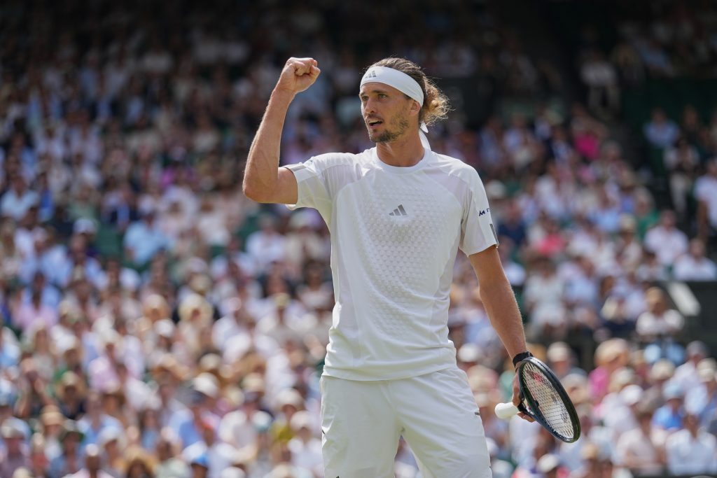 Alexander Zverev of Germany celebrates after winning a point against Arthur Fery of Britain during their men's singles semifinal match at the Wimbledon Tennis Championships in London, Friday, July 10, 2026. (AP Photo/Kirsty Wigglesworth)