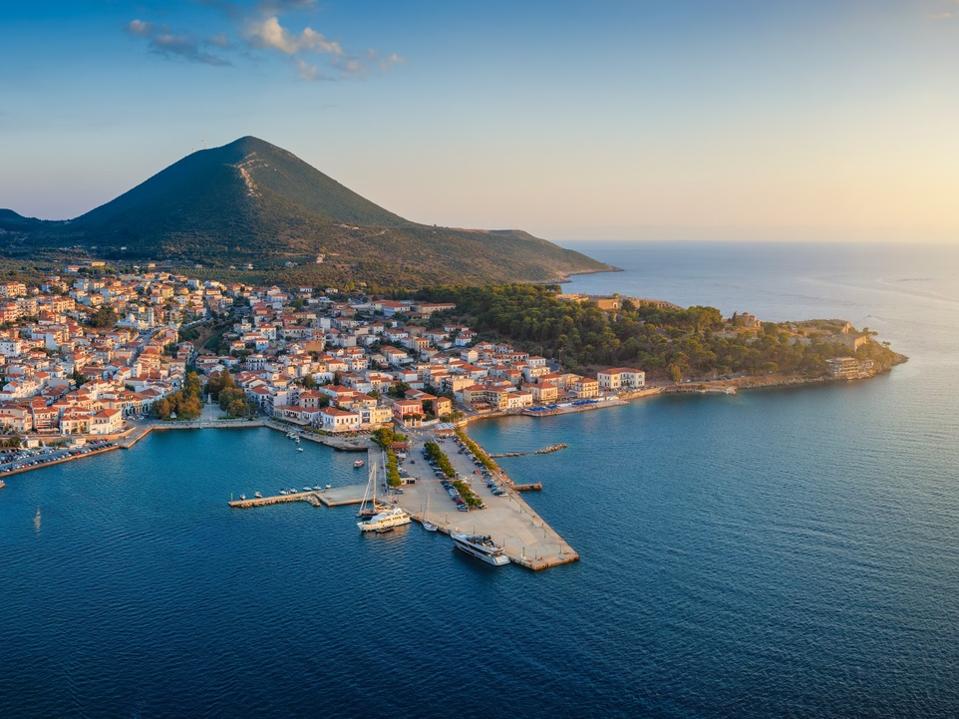Panoramic aerial sunset view of the town of Pylos, Navarino Coast