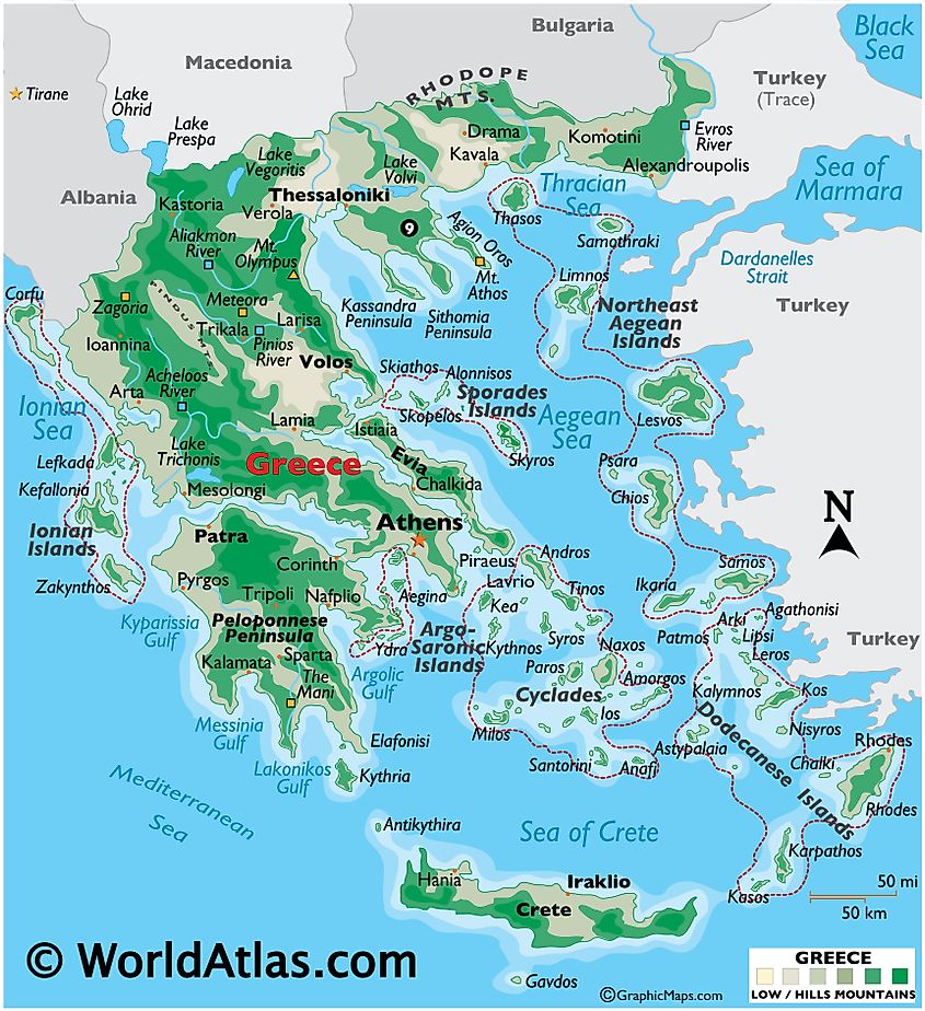 Yunanistan fiziki haritası.