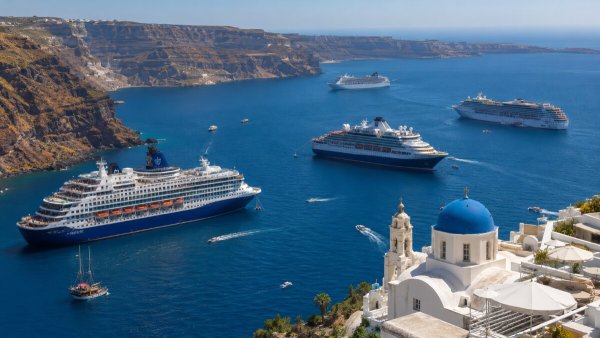 Santorini'nin Ağustos Kruvaziyer Takvimi Endişe Yarattı: Resmi Yolcu Tahminleri Adanın Günlük Kapasite Sınırını Aşabilir