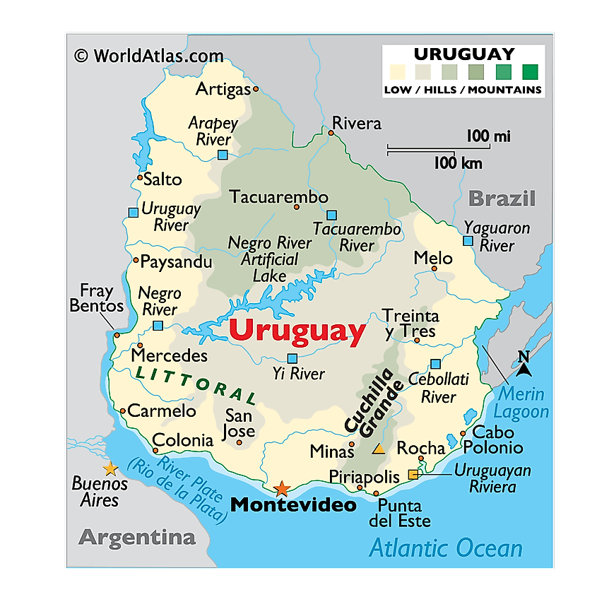 Uruguay fiziki haritası.