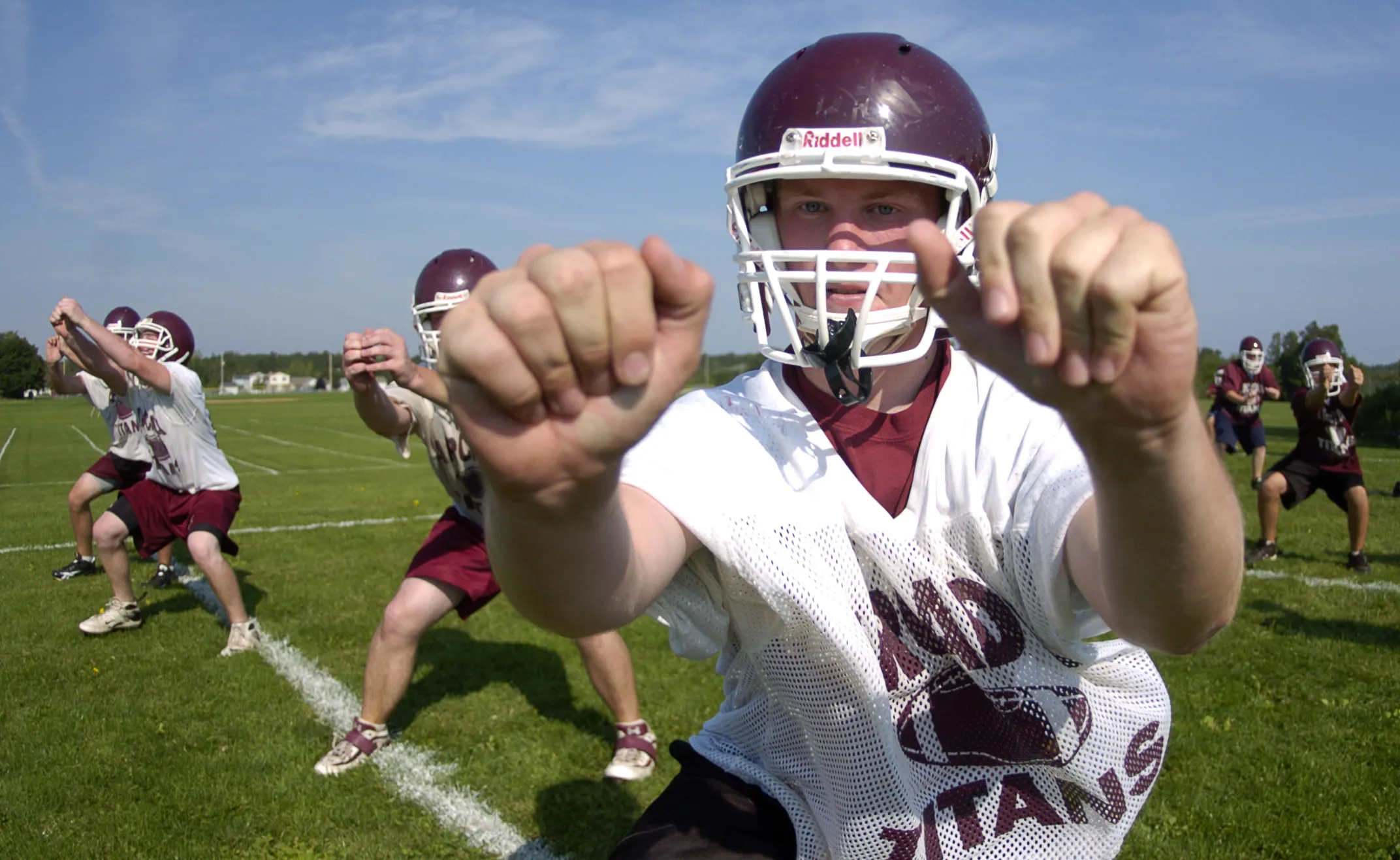 Greece Arcadia's Alex Elmore (right) practices on Aug. 18, 2008.