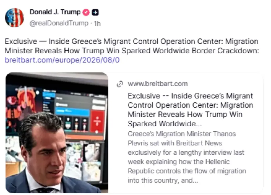 Trump, Thanos Plevris'in Breitbart'a verdiği göç açıklamalarını paylaştı: "Yeniden seçilmesi ABD ve Avrupa'daki göç politikasını değiştirdi"