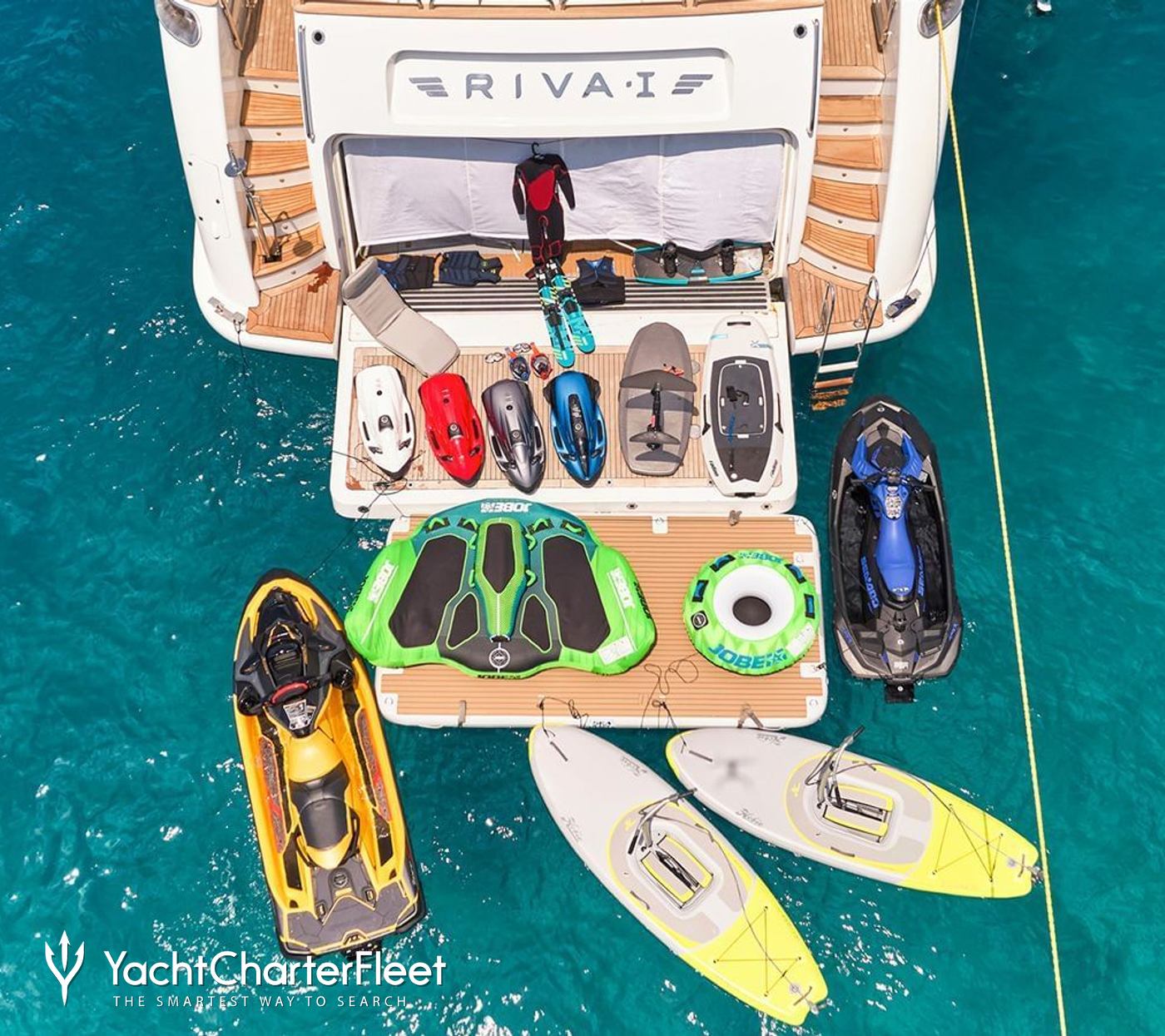 Charter yacht RIVA I aerial view of water toys