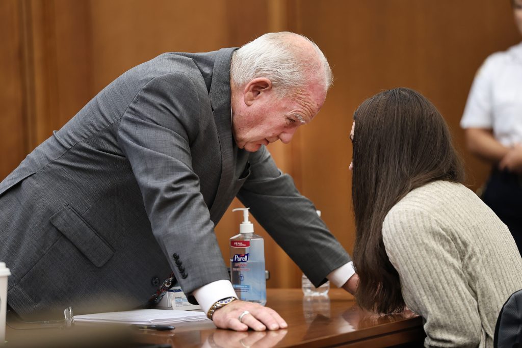 Defense attorney Kevin Reddington talks with Lindsay Clancy after a jury question during her trial in Plymouth, Mass., on Thursday, Sept. 3, 2026.