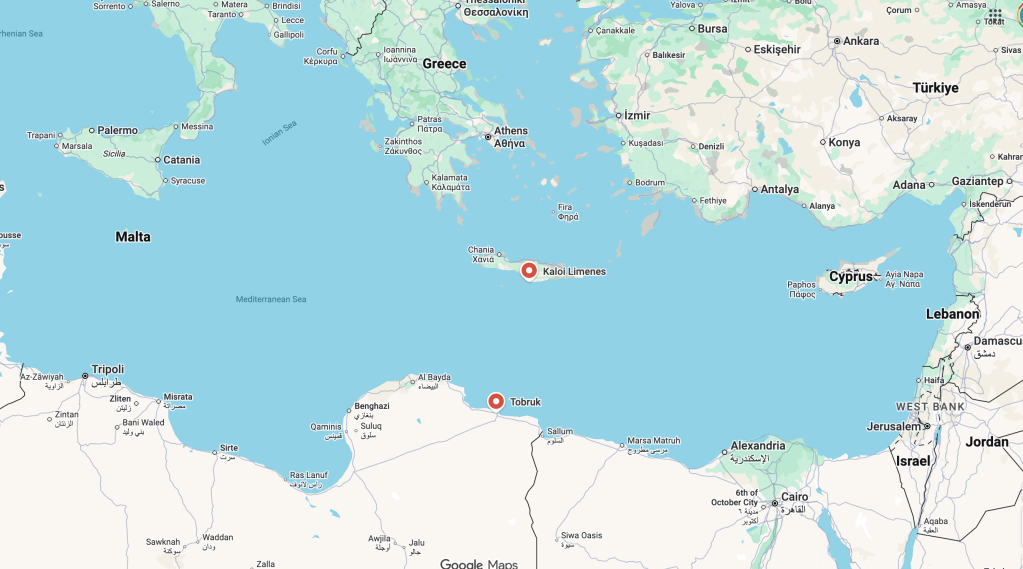 Yunanistan'ın Girit adasındaki Kaloi Limenes liman kasabasını ve Libya'daki Tobruk şehrini gösteren harita, aralarındaki mesafe yaklaşık 330 kilometre | Ekran görüntüsü: Google Maps